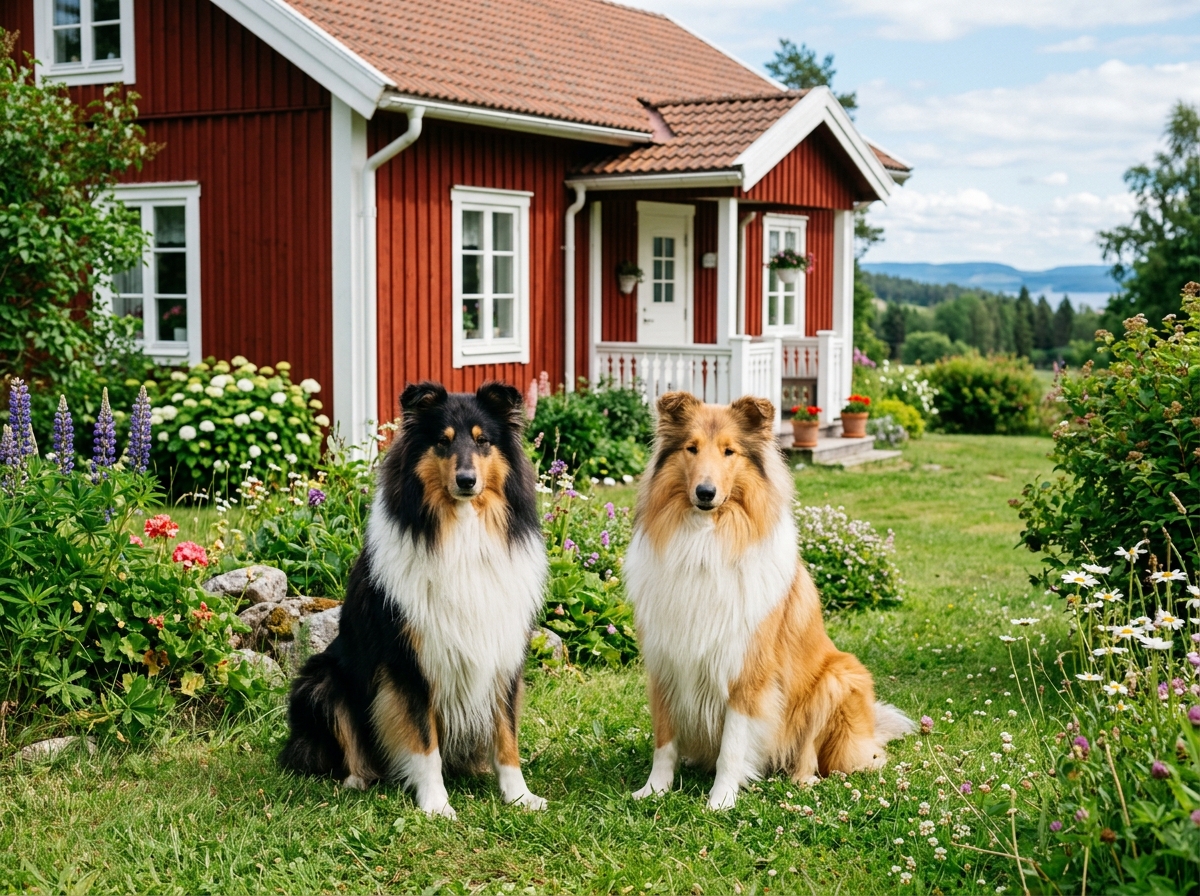 Två collies: Becks och Sassie framför ett svenskt hus